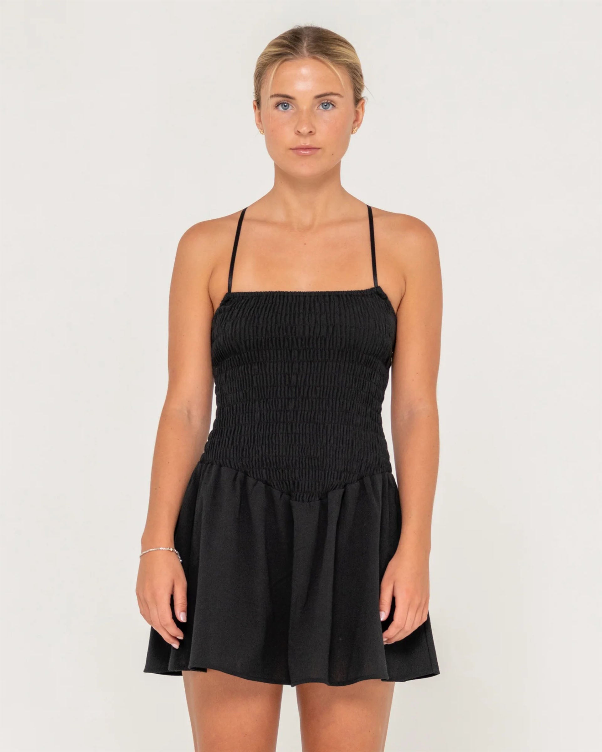 black smocked mini dress Black Knot Detail Smocked Mini Dress