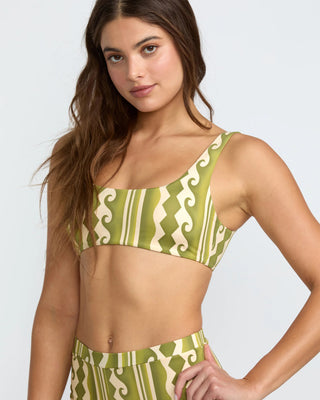 RVCA Women's Beach Wave Lace Back Bralette Bikini Top - Martini Olive Print