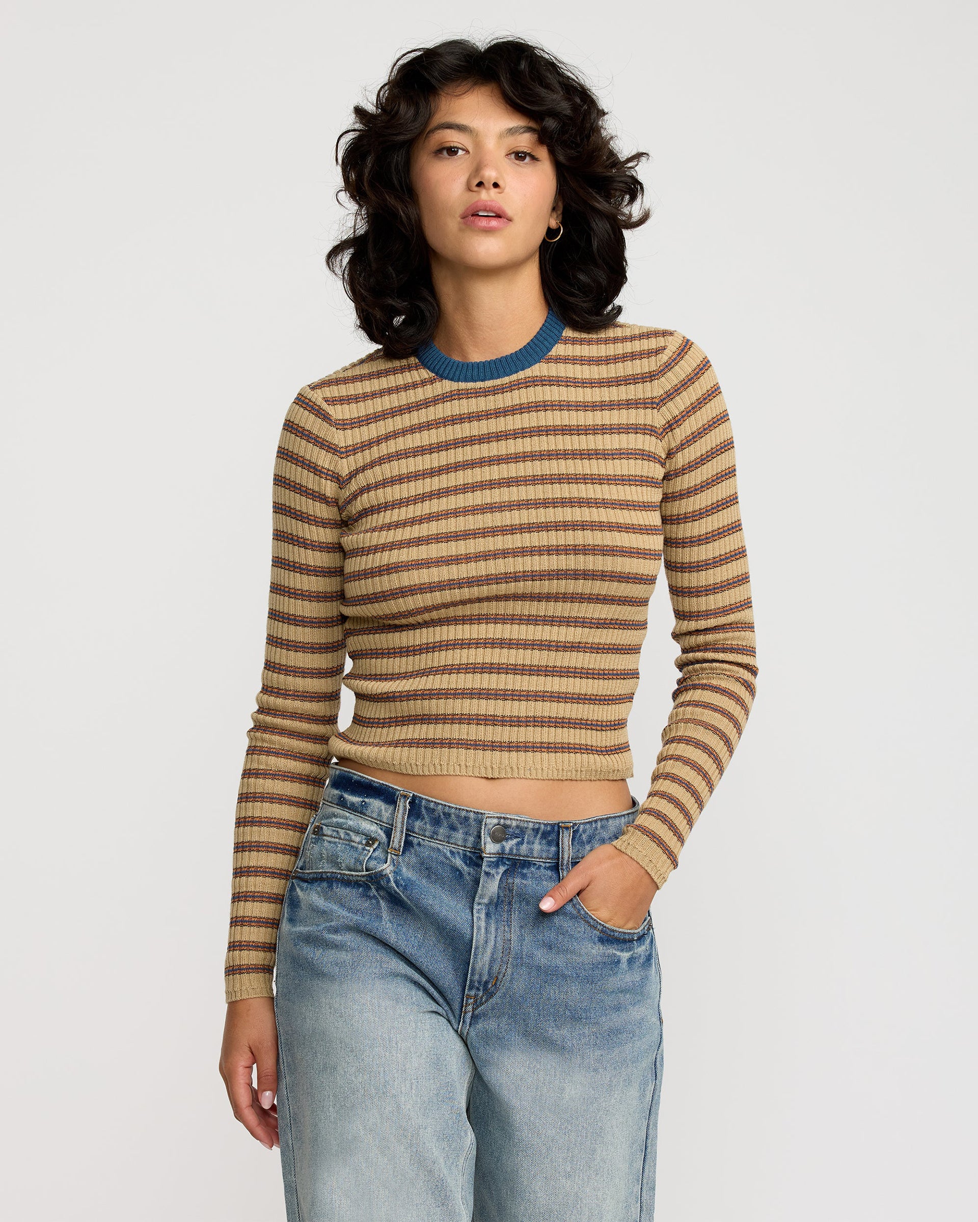 RVCA Women's Bond Stripe Long Sleeve Sweater - Sanddune