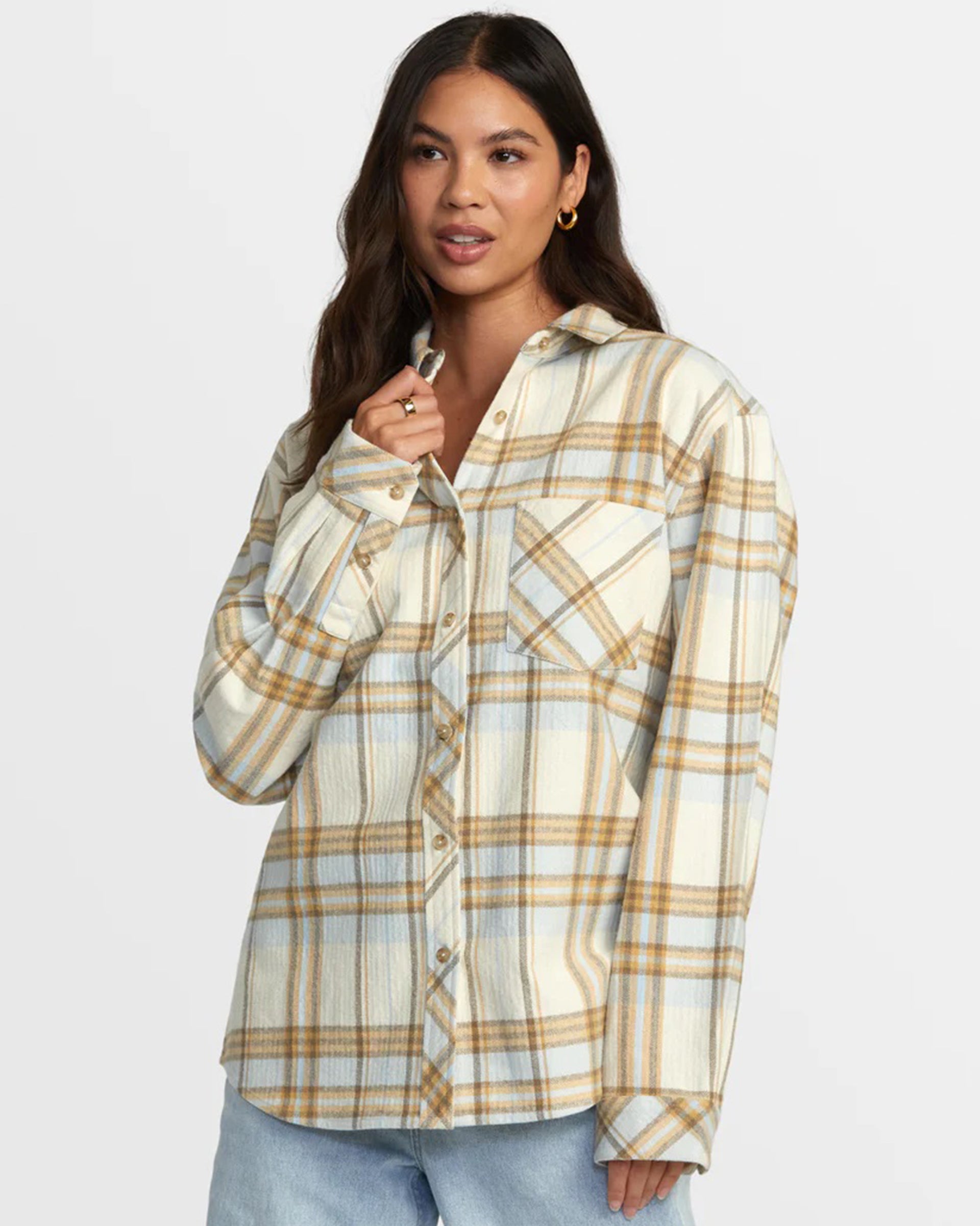 RVCA Women's Breeze Flannel Long Sleeve Shirt - Latte