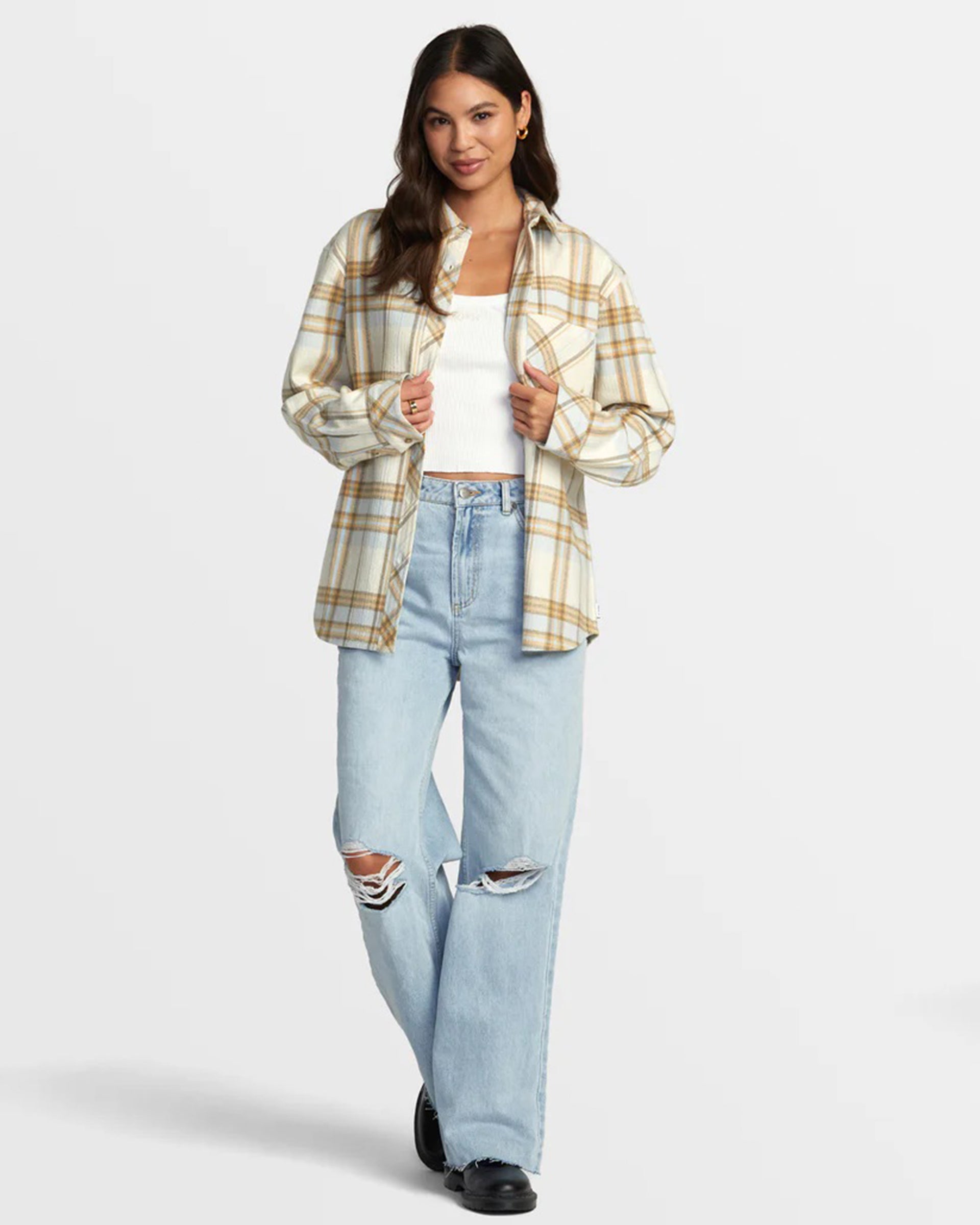 RVCA Women's Breeze Flannel Long Sleeve Shirt - Latte