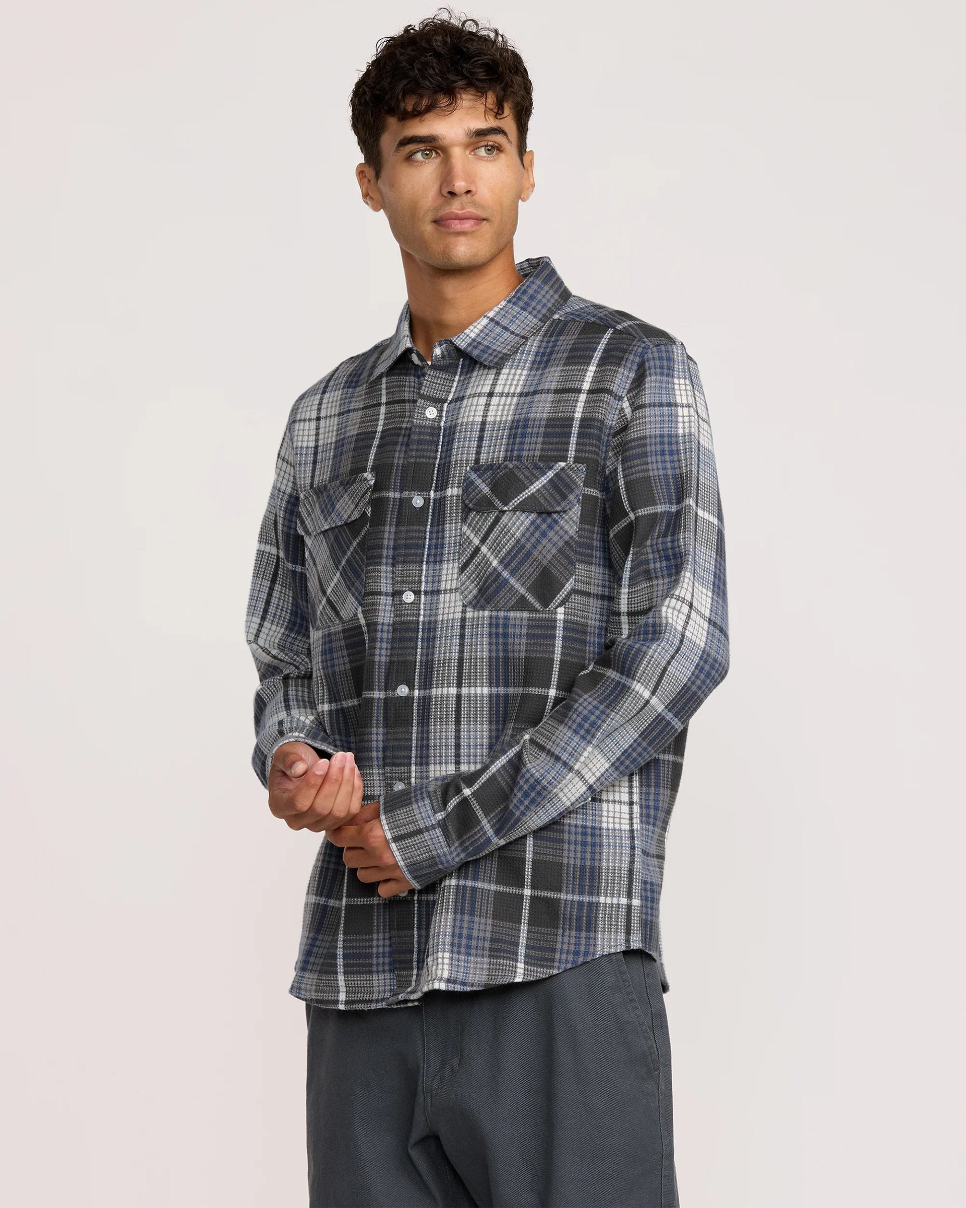 RVCA Dayshift Flannel Long Sleeve Shirt - Black Plaid