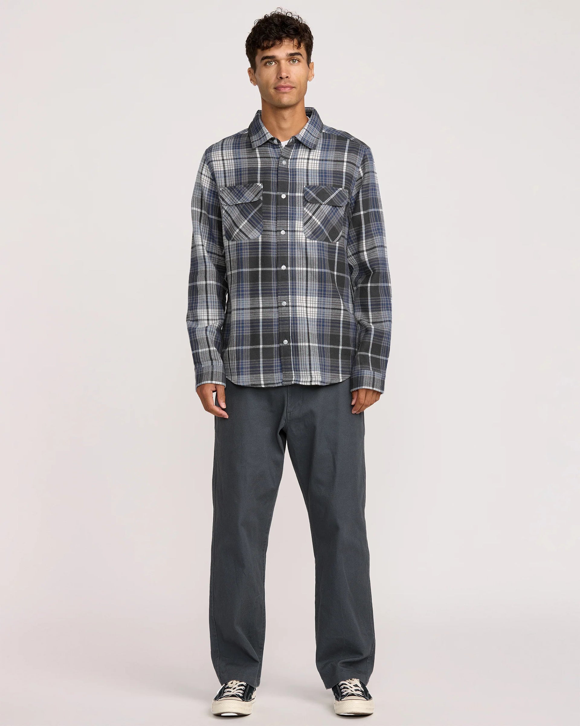 RVCA Dayshift Flannel Long Sleeve Shirt - Black Plaid