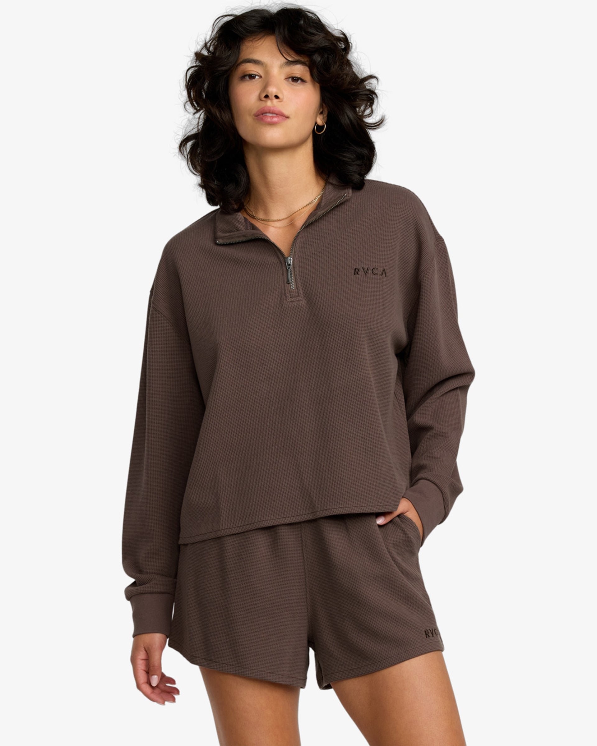RVCA Women's Glory Waffle Half Zip Sweatshirt - Brown Bear
