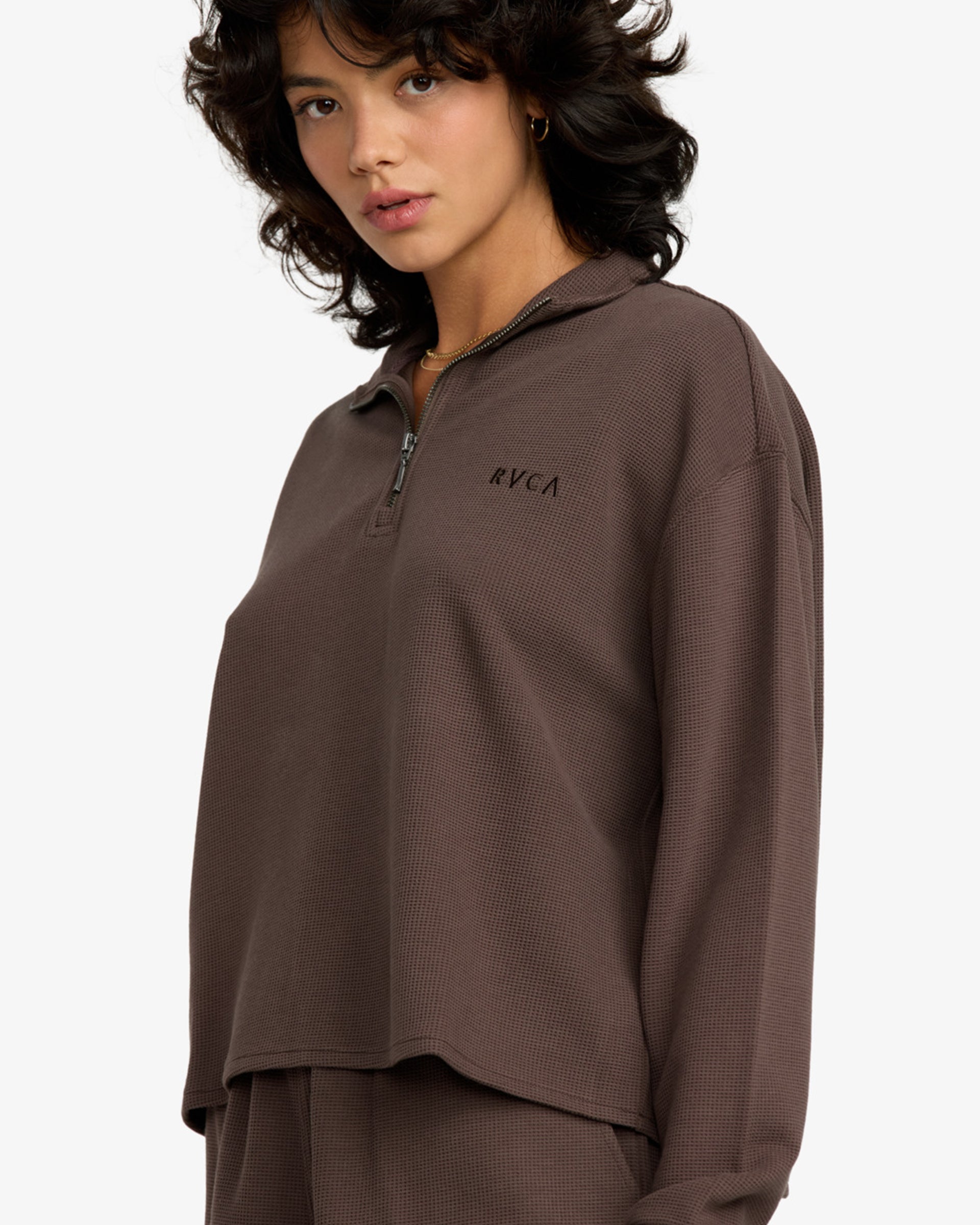 RVCA Women's Glory Waffle Half Zip Sweatshirt - Brown Bear
