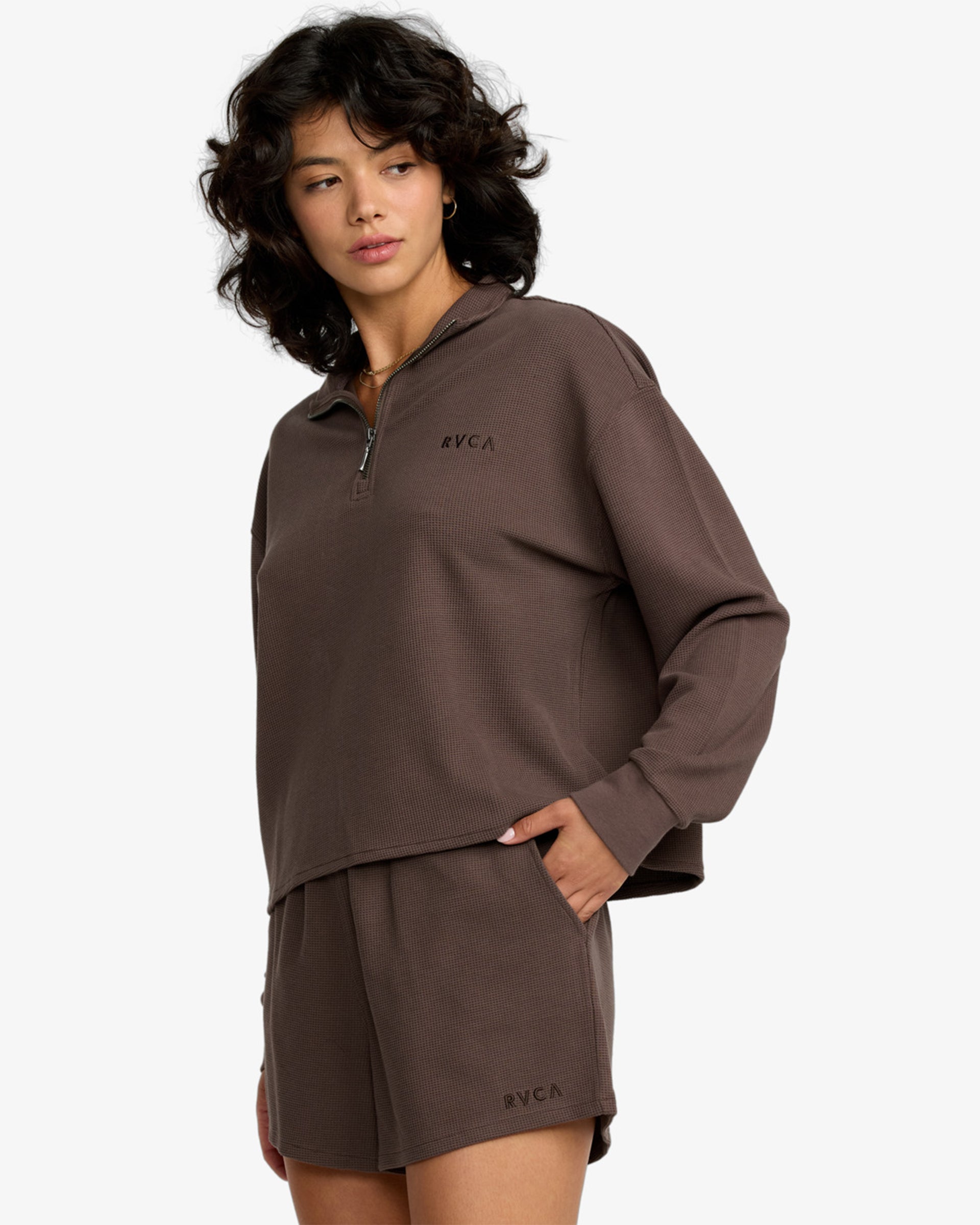 RVCA Women's Glory Waffle Half Zip Sweatshirt - Brown Bear