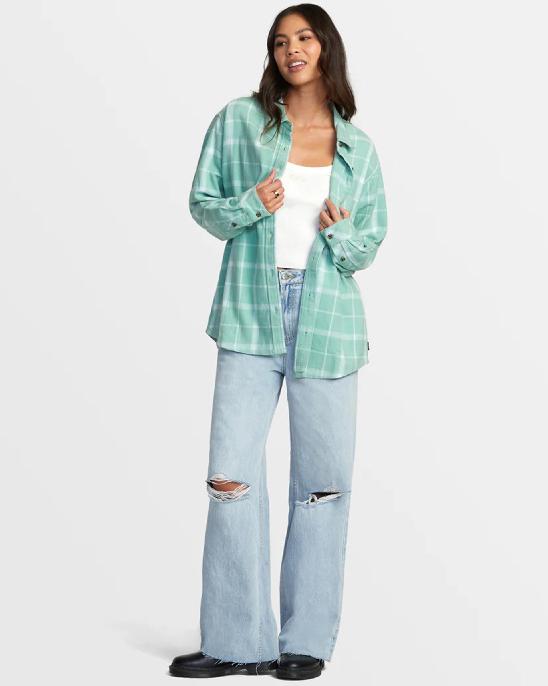 RVCA Women's Mable Flannel Long Sleeve Shirt - Green Haze