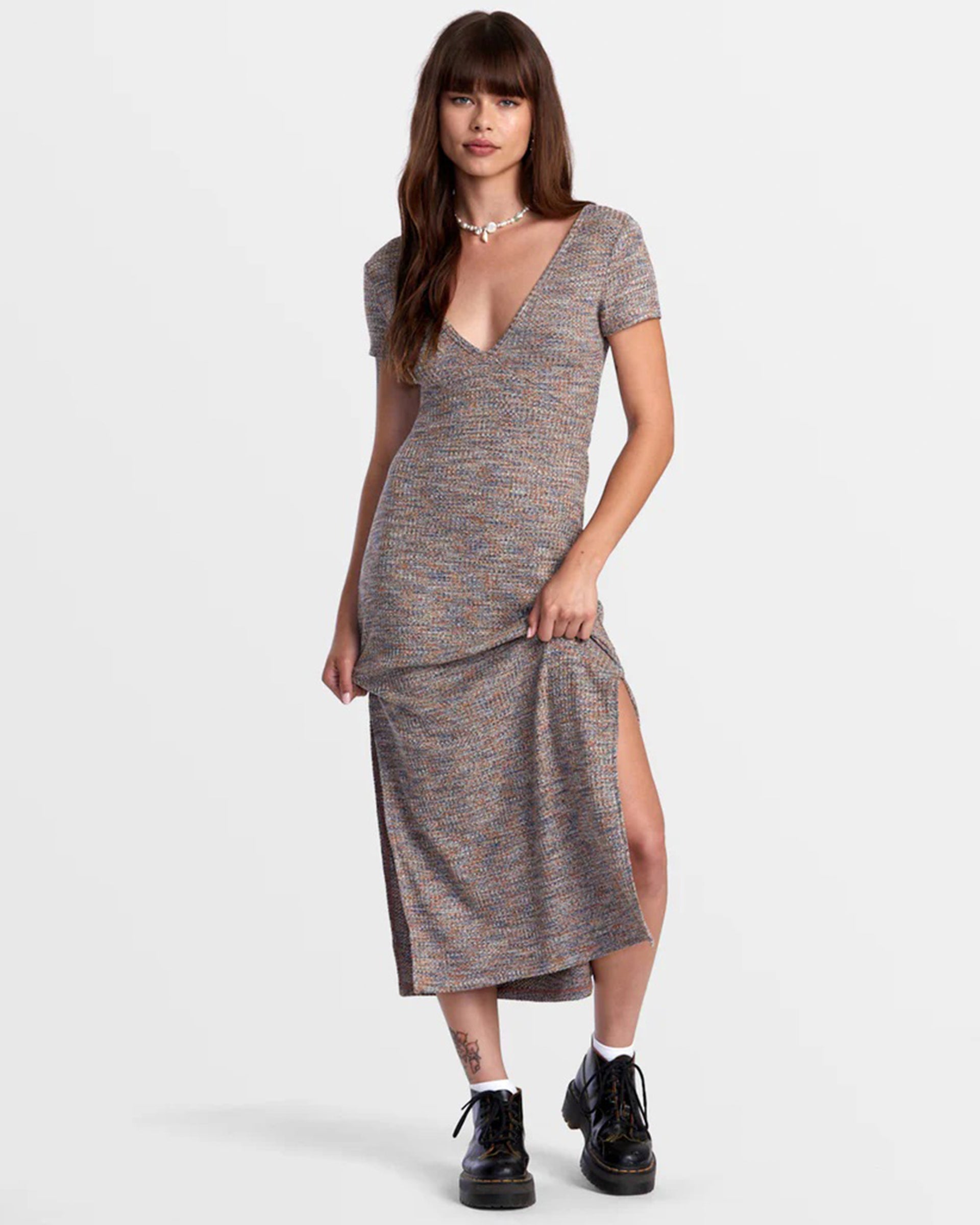 RVCA Women's Smitten Marled V-Neck Midi Sweater Dress