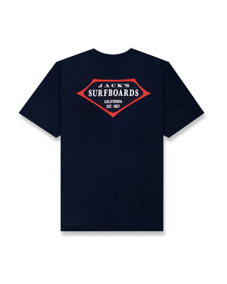 Navy blue t-shirt with 'Jack's Surfboards' logo on the back against a white background