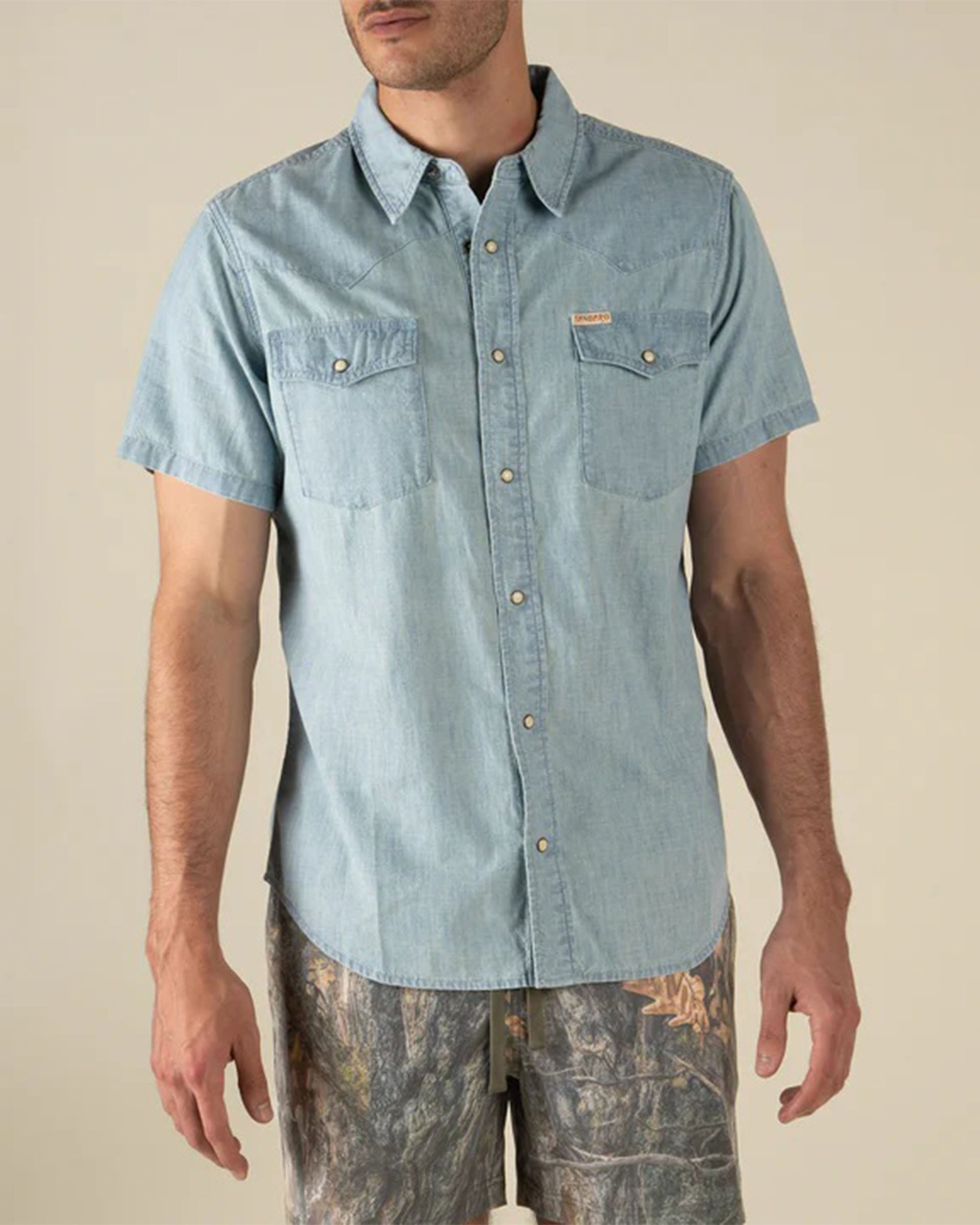 Sendero Provisions Co. The Wyatt Pearl Snap Short Sleeve Solid Shirt - Washed Indigo Chambray