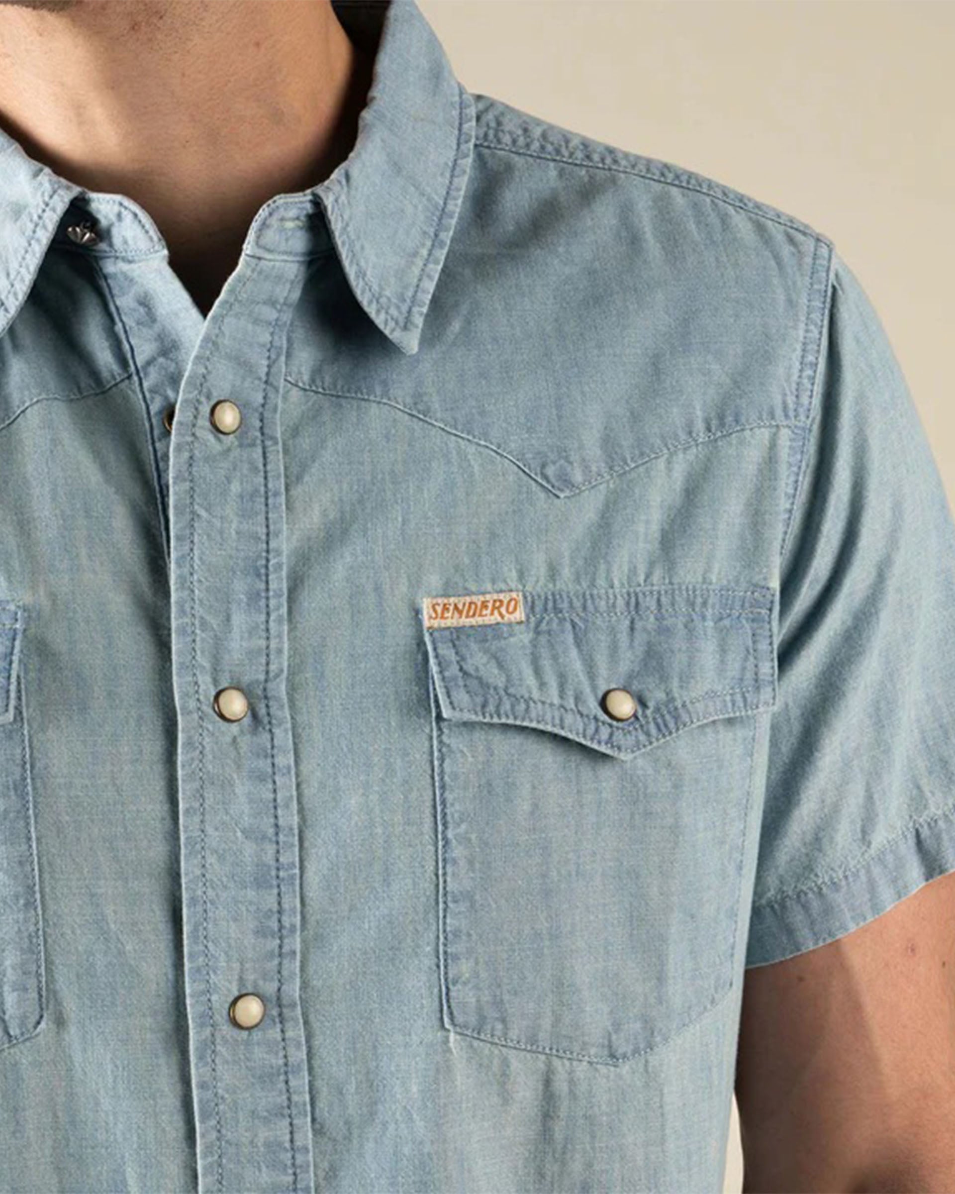 Sendero Provisions Co. The Wyatt Pearl Snap Short Sleeve Solid Shirt - Washed Indigo Chambray