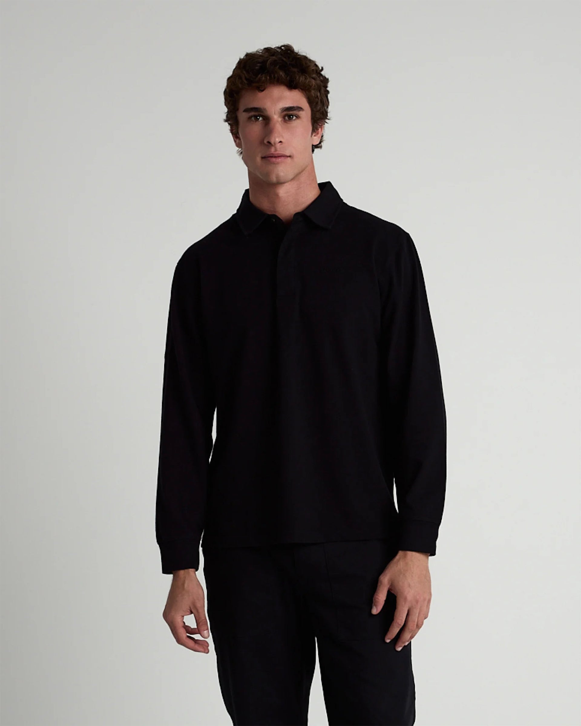 Tenore Long Sleeve 3 Button Rugby Polo - Black