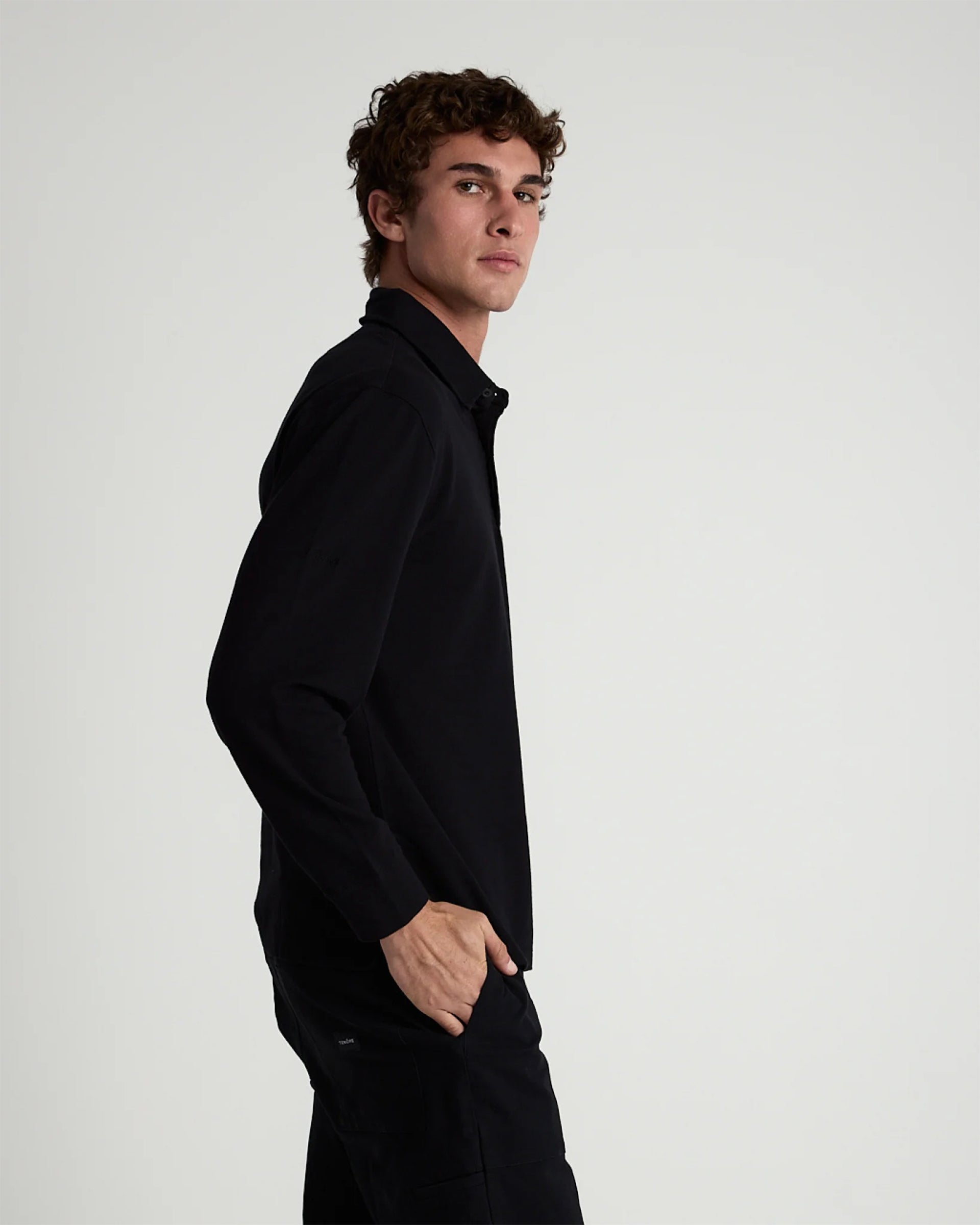 Tenore Long Sleeve 3 Button Rugby Polo - Black