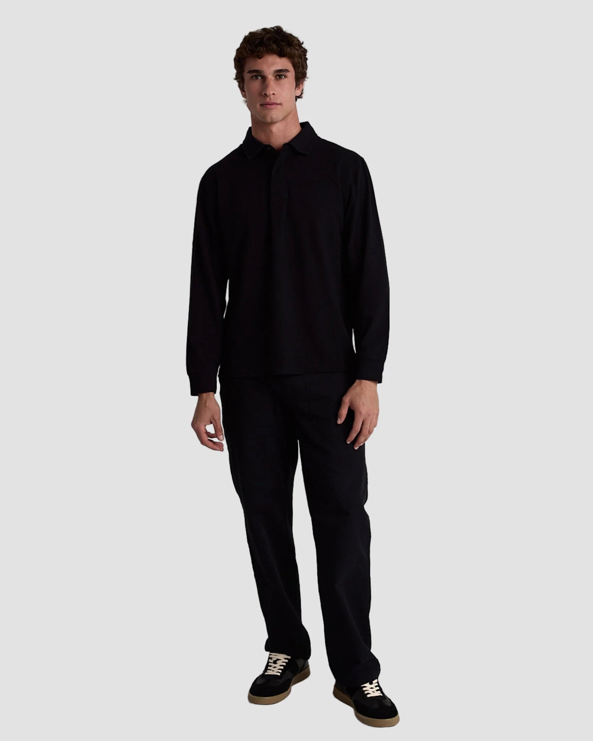 Tenore Long Sleeve 3 Button Rugby Polo - Black