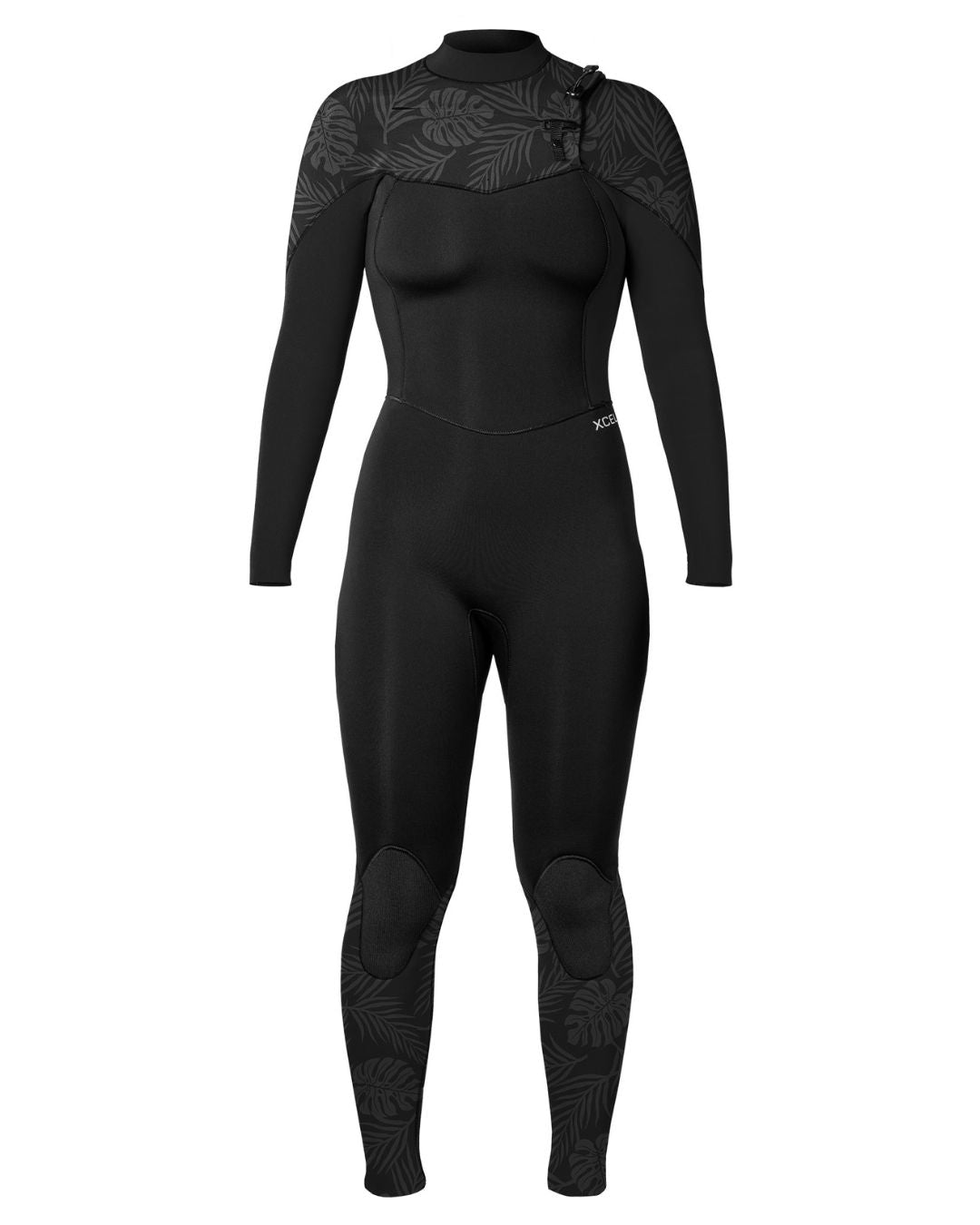 Xcel Women's Comp 3/2mm Chest Zip Fullsuit Wetsuit - Black W/Palm-Monstera Print