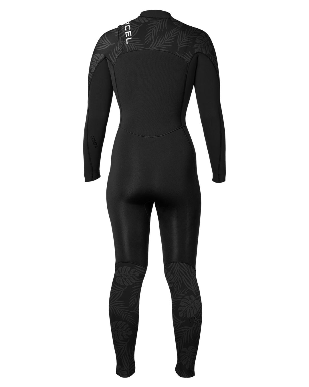 Xcel Women's Comp 3/2mm Chest Zip Fullsuit Wetsuit - Black W/Palm-Monstera Print