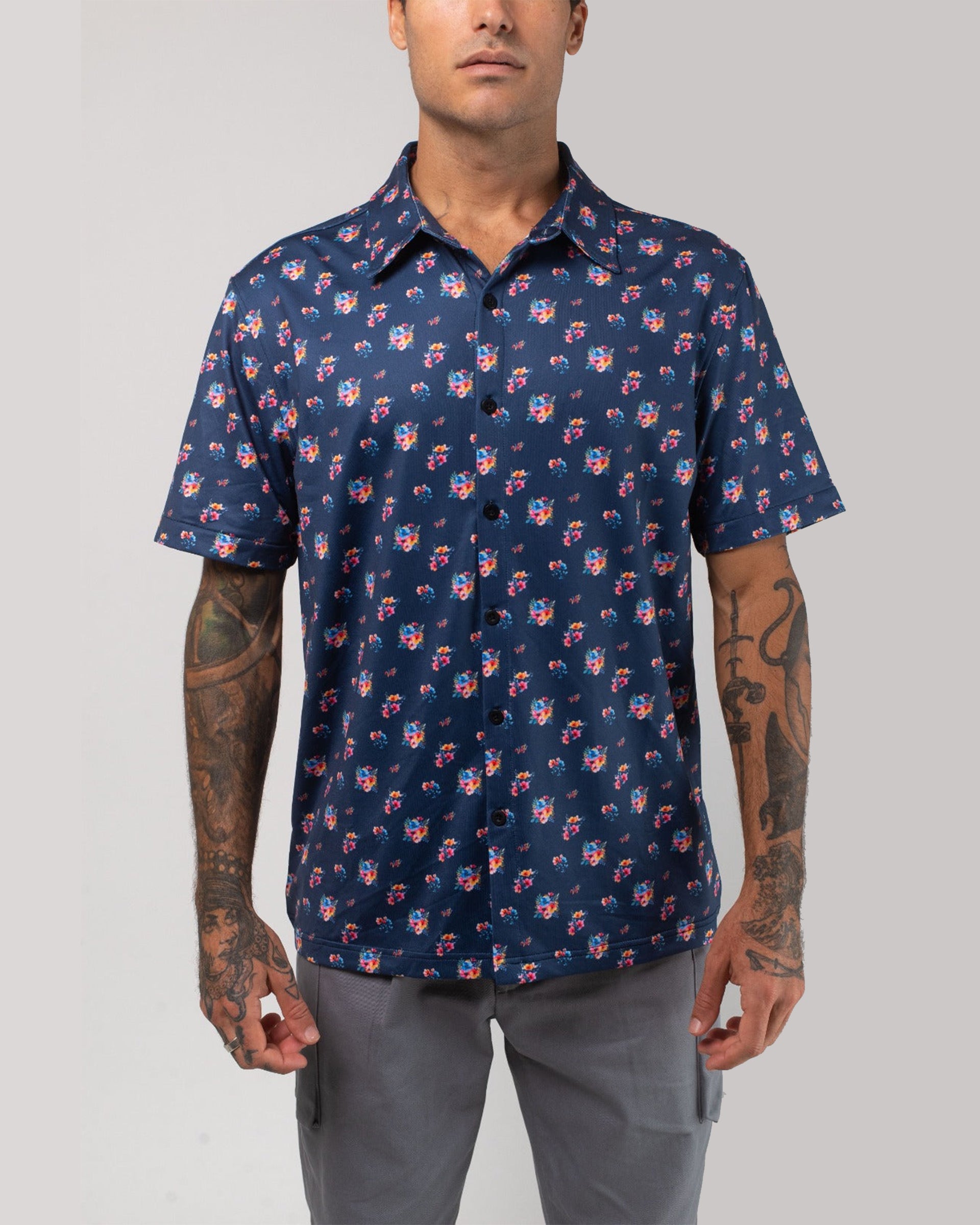 Vast. Men's Aqua Terra Multi Floral Tech Button Up - Navy Multi