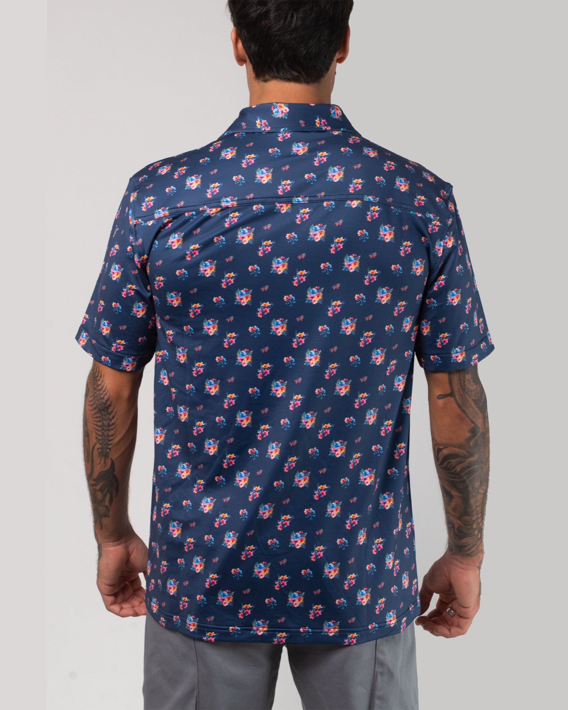 Vast. Men's Aqua Terra Multi Floral Tech Button Up - Navy Multi
