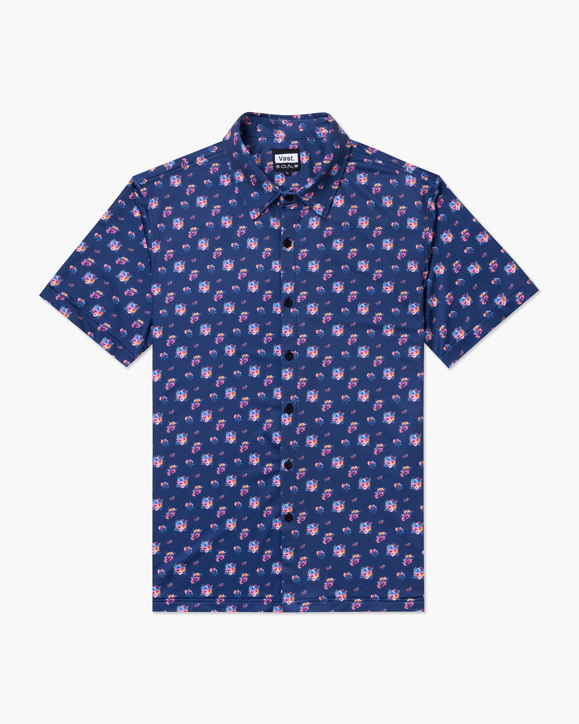 Vast. Men's Aqua Terra Multi Floral Tech Button Up - Navy Multi
