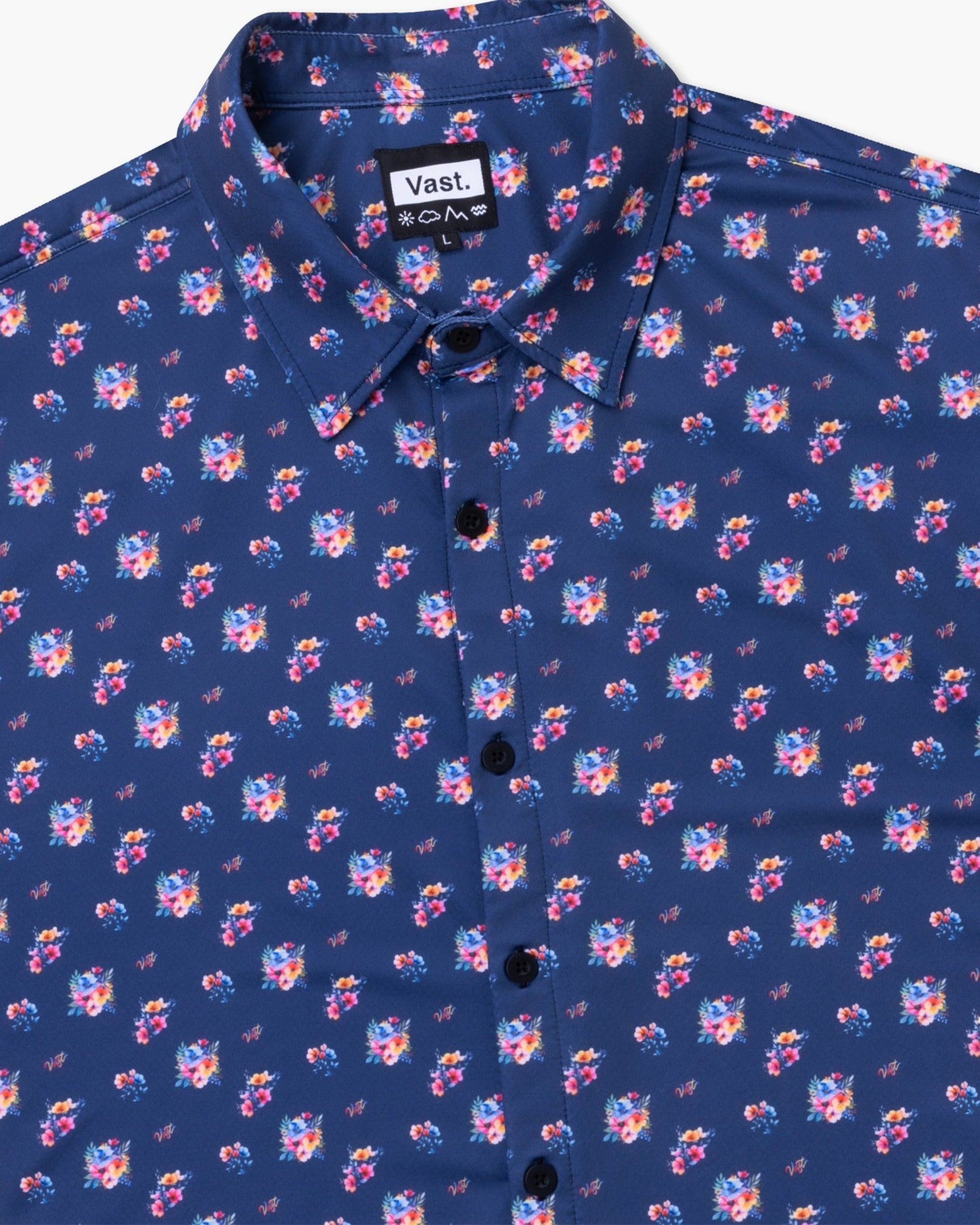 Vast. Men's Aqua Terra Multi Floral Tech Button Up - Navy Multi