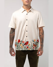 Vast. Men's Aqua Terra Floral Fauna and Forest Tech Button Up Shirt - Sand Multi