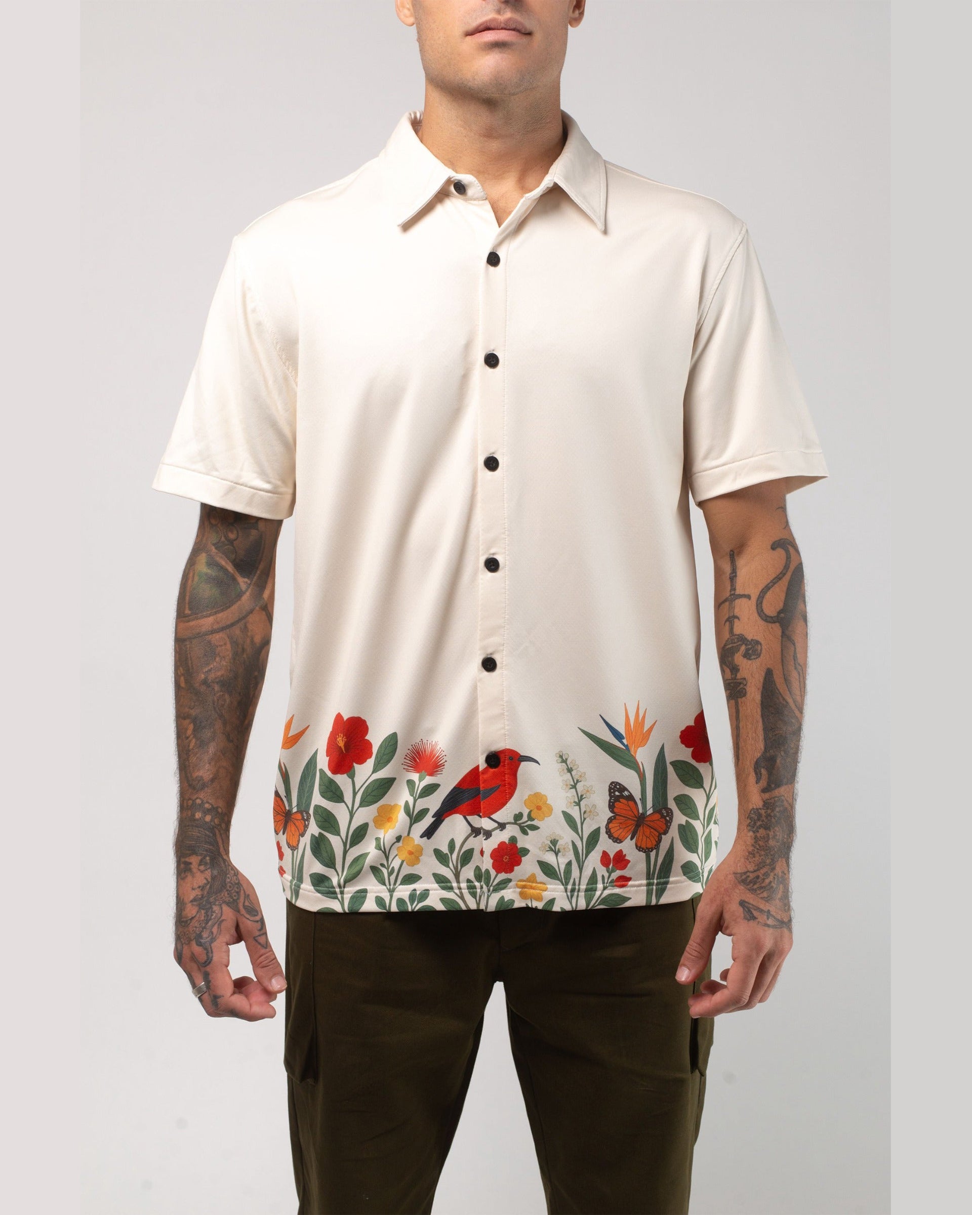 Vast. Men's Aqua Terra Floral Fauna and Forest Tech Button Up Shirt - Sand Multi