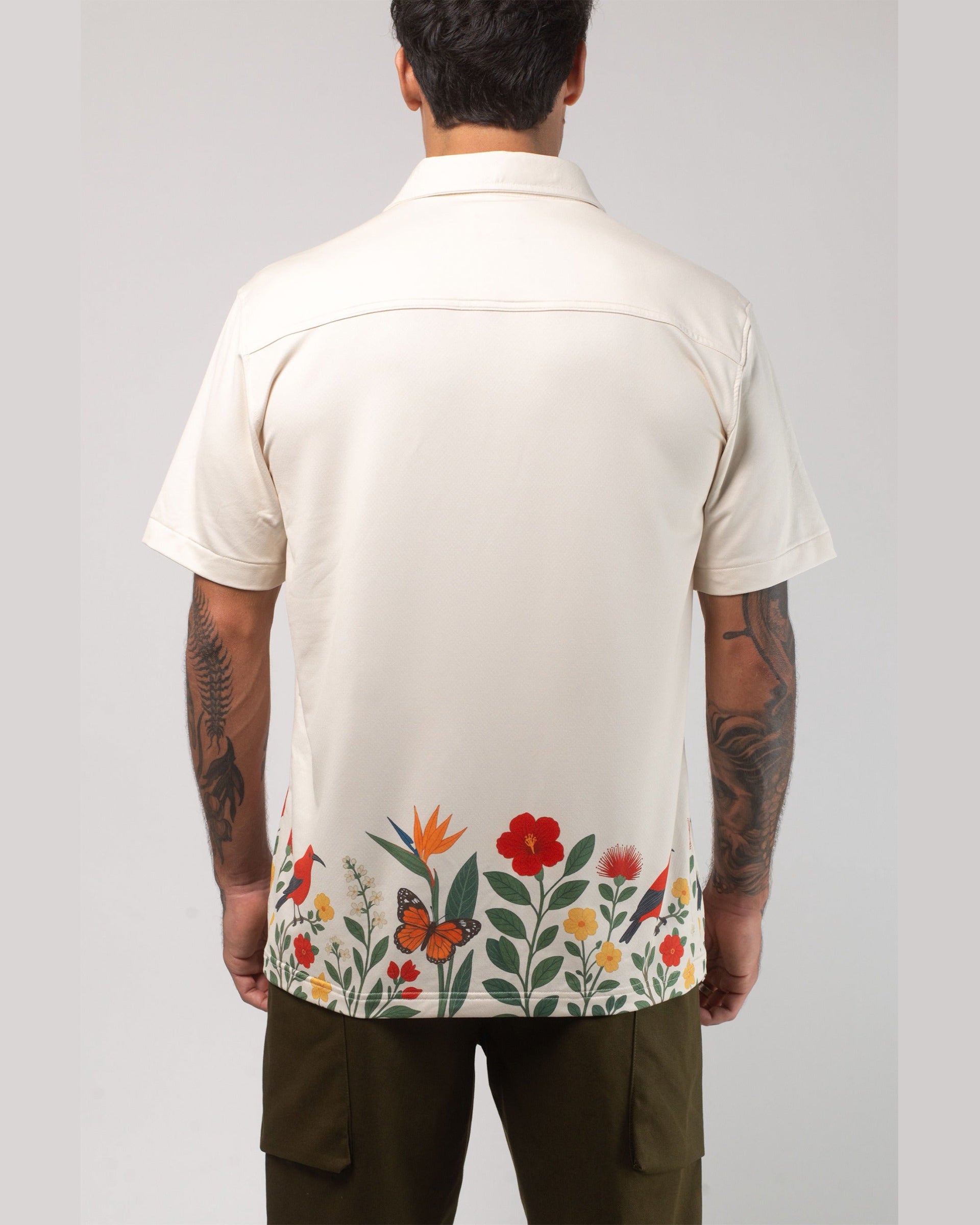 Vast. Men's Aqua Terra Floral Fauna and Forest Tech Button Up Shirt - Sand Multi