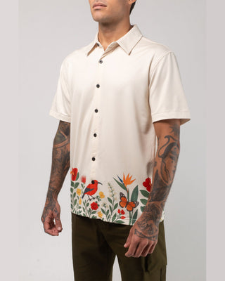 Vast. Men's Aqua Terra Floral Fauna and Forest Tech Button Up Shirt - Sand Multi