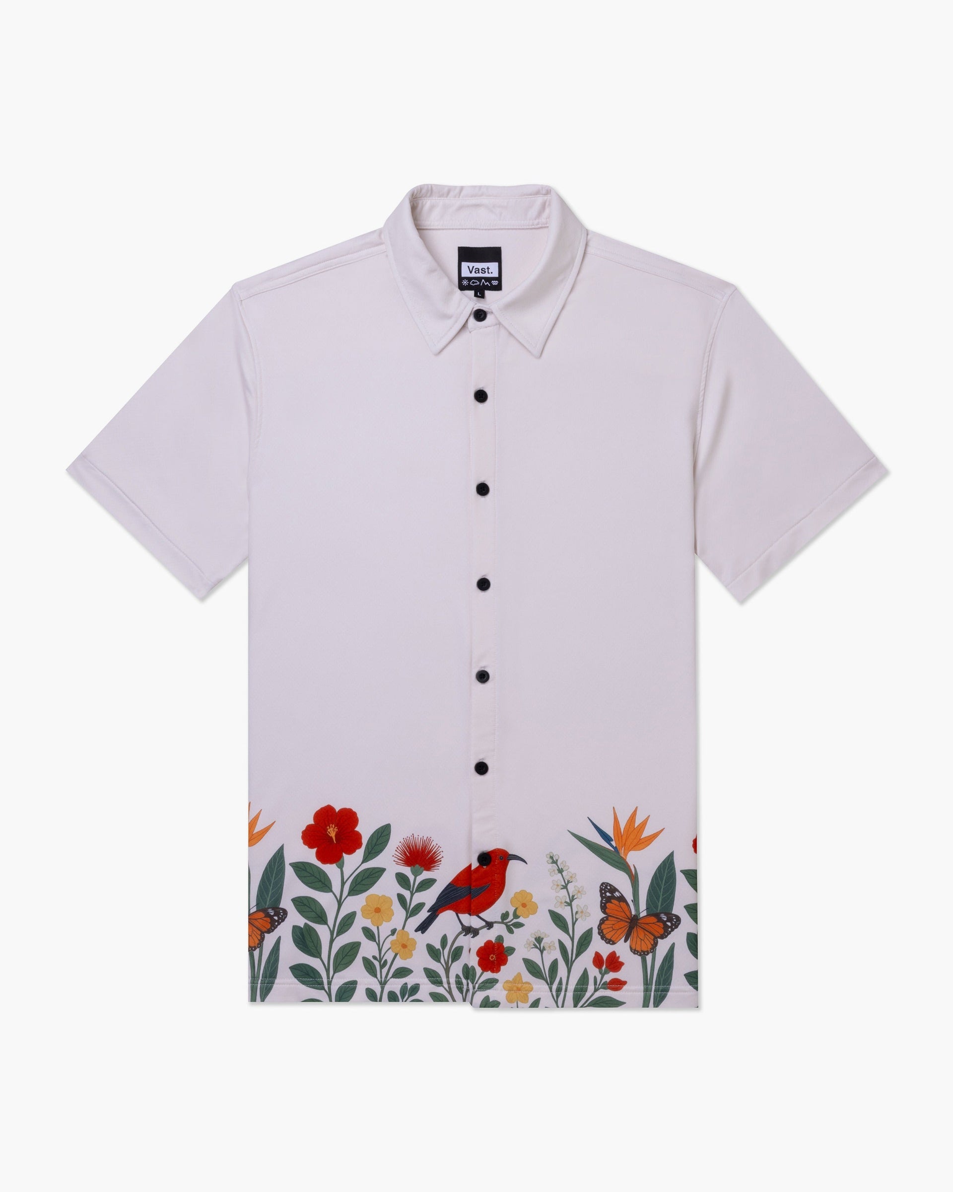 Vast. Men's Aqua Terra Floral Fauna and Forest Tech Button Up Shirt - Sand Multi