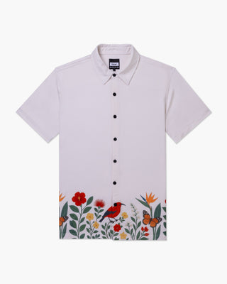 Vast. Men's Aqua Terra Floral Fauna and Forest Tech Button Up Shirt - Sand Multi