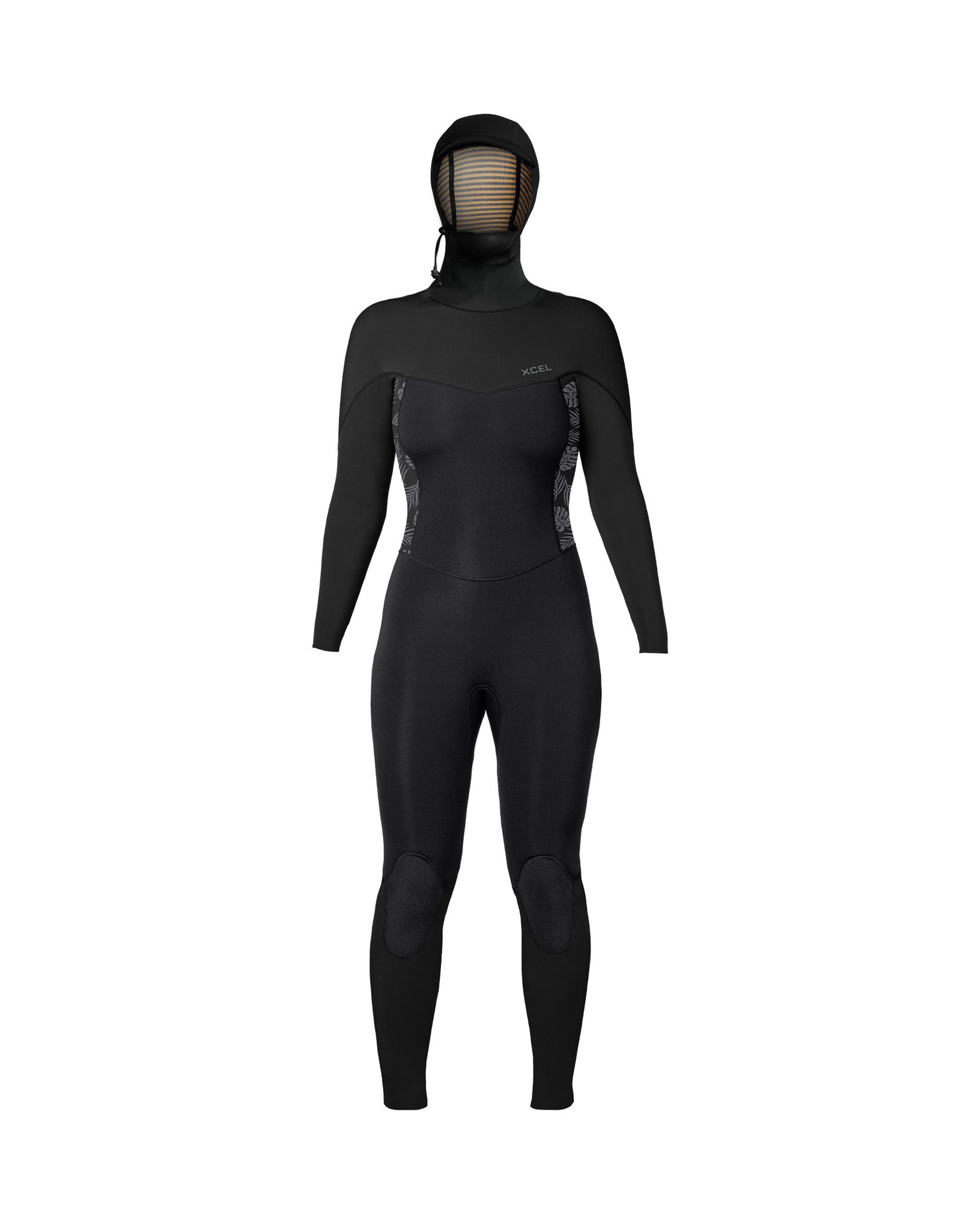 Xcel Women's Axis Hooded Full Wetsuit 5/4mm - Black/Palm-Monstera Print