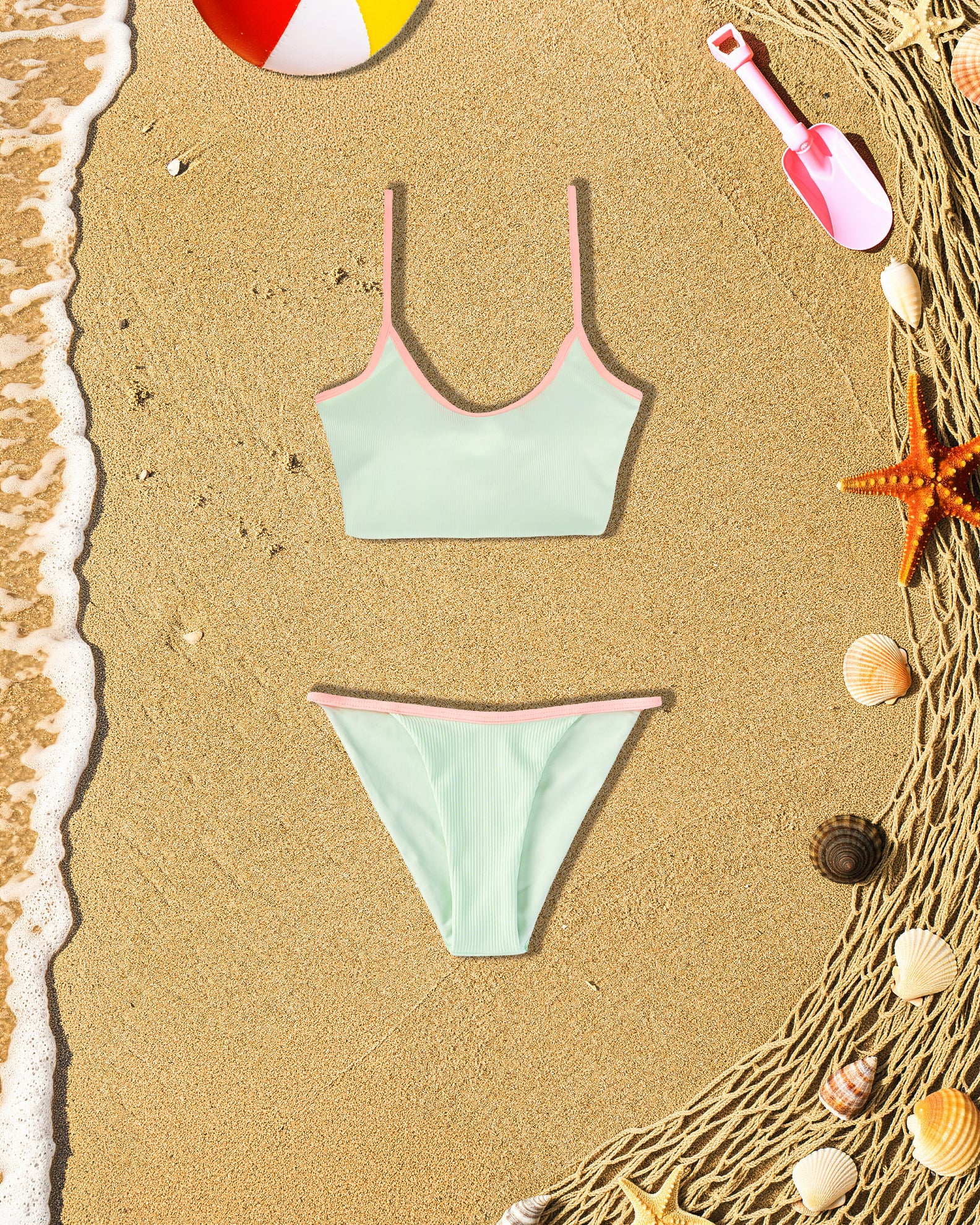 Youth Capri Ribbed Swim Set - Soft Coral/Mint
