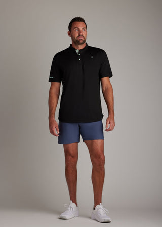 Black bladed collar polo shirt designed for ultimate style, performance, and comfort.