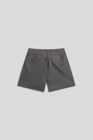 Gray hyper-breathable active shorts with elastic drawstring and zippered pockets for pickleball athleisure.