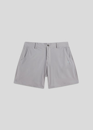 Light grey golf walk shorts crafted from ultra-lightweight four-way stretch fabric for comfort.